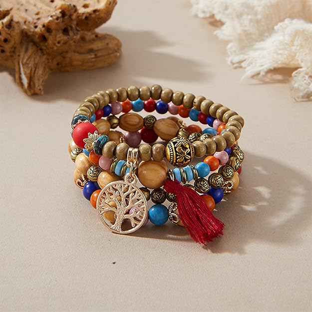 Handmade Bohemian Beaded Stretch Bracelet Set, Boho Crystal Jewelry