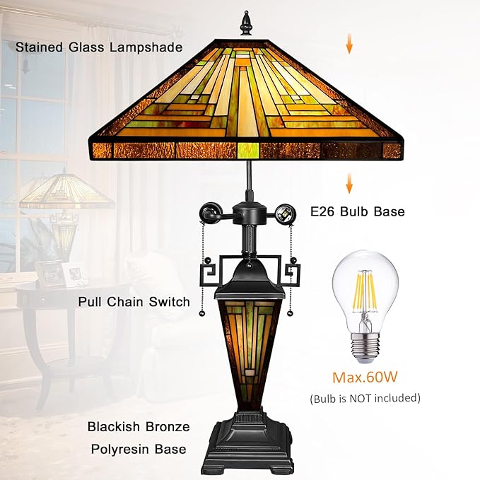 Handcrafted Tiffany Table Lamp Amber Brown Mission Style Stained Glass 24" - BigGreenBear.com Lighting 249.21 USD Big Green Bear