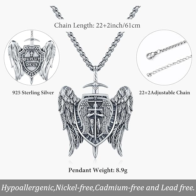 925 Sterling Silver St Michael-Shield Medal Necklace for Men Women Religious - BigGreenBear.com jewelry 69.99 USD Big Green Bear