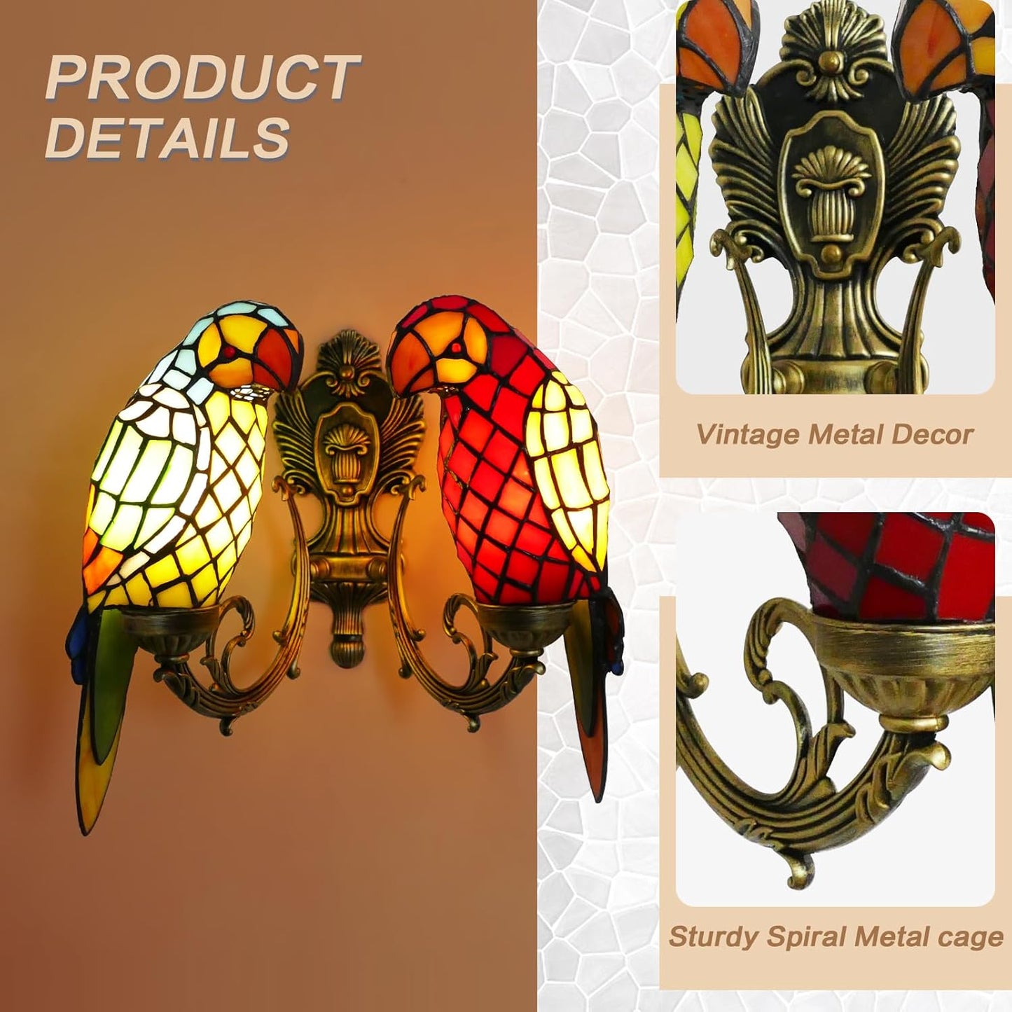 Tiffany Style Parrot Wall Sconce 2 Lights Handmade Stained Glass Wall Light - BigGreenBear.com table lamp 139.99 USD Big Green Bear
