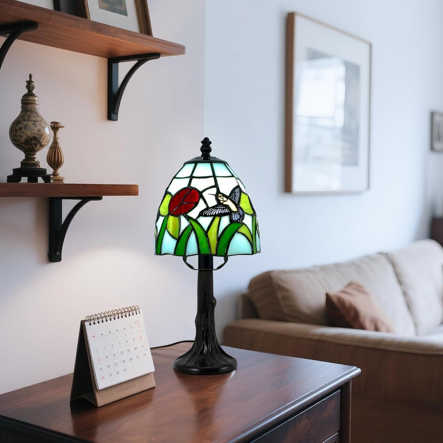 Handcrafted Stained Glass Table Lamp with Hummingbird & Flower, Vintage Tiffany - BigGreenBear.com table lamp 79.99
