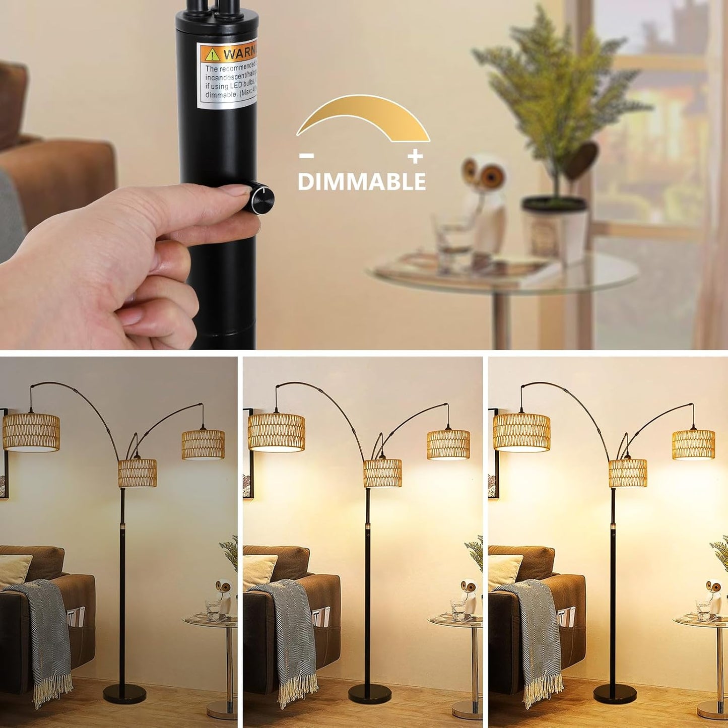 Black Arc Floor Lamps - Dimmable Tall Lamp with Rattan Shades 80" High - BigGreenBear.com Lighting 179.89 USD Big Green Bear