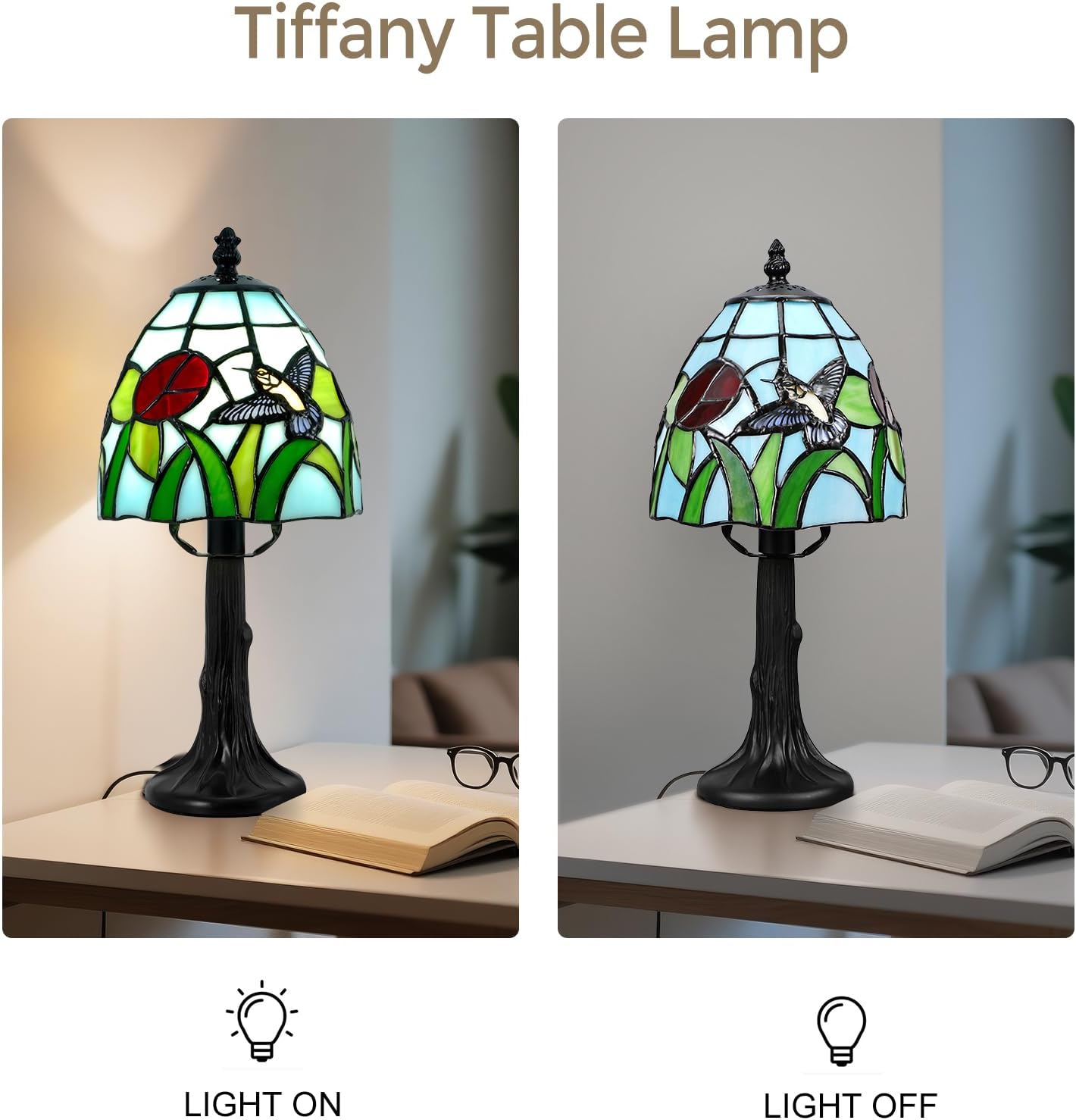 Handcrafted Stained Glass Table Lamp with Hummingbird & Flower, Vintage Tiffany - BigGreenBear.com table lamp 79.99