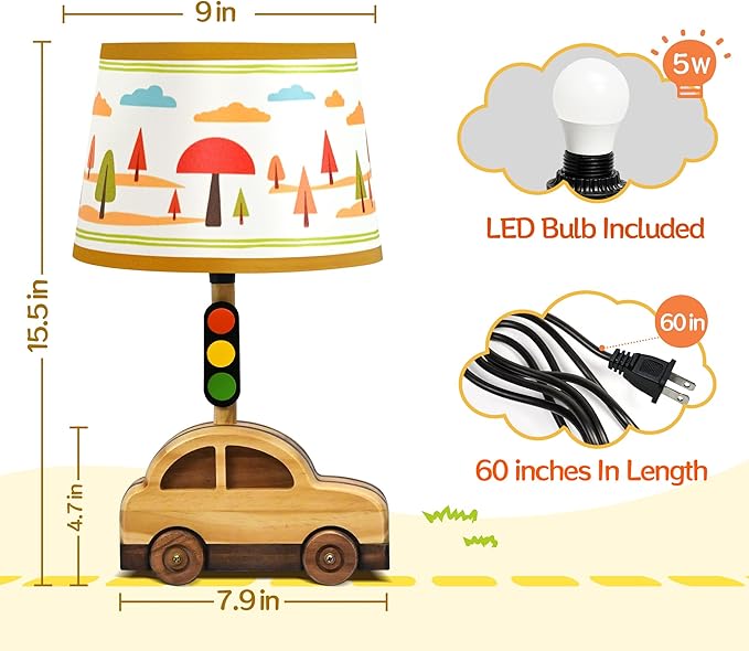 Kids' Dimmable Handmade Table Lamp Natural Wood Car Stoplight 15"Tall -  BigGreenBear.com table lamp 35.00 USD Big Green Bear
