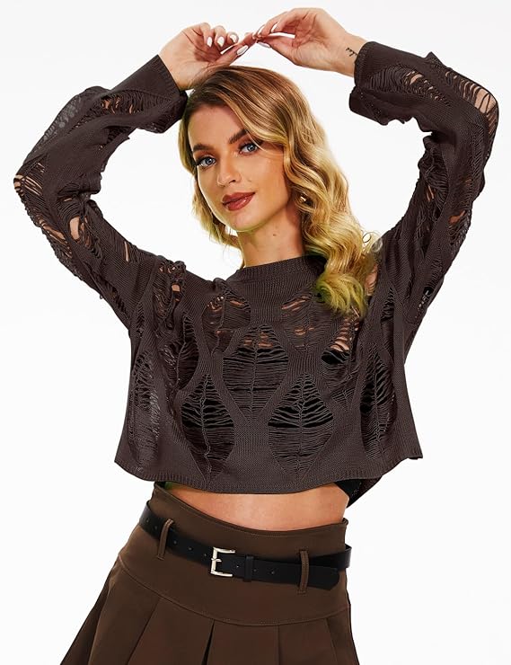 Women's See Through Hole Ripped Crop Tops Knit Pullover Short Sweaters