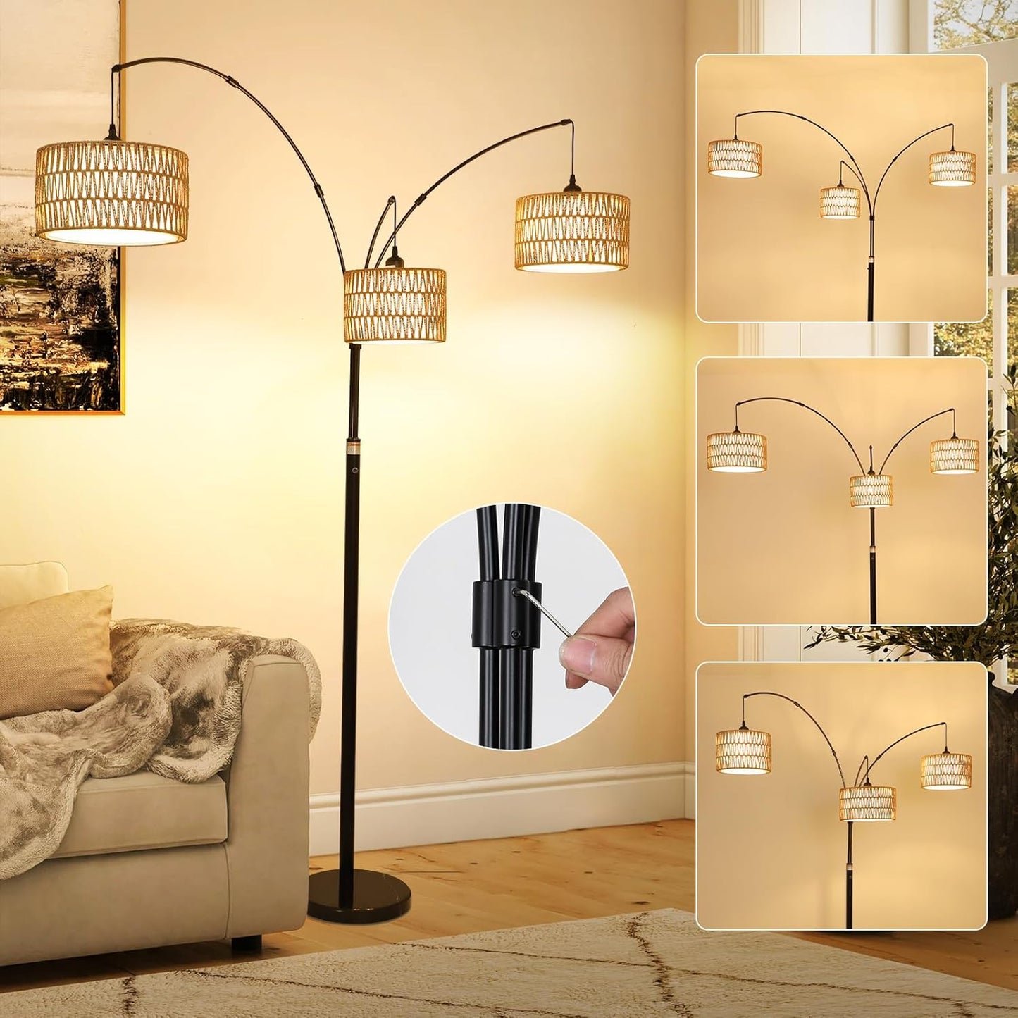 Black Arc Floor Lamps - Dimmable Tall Lamp with Rattan Shades 80" High - BigGreenBear.com Lighting 179.89 USD Big Green Bear