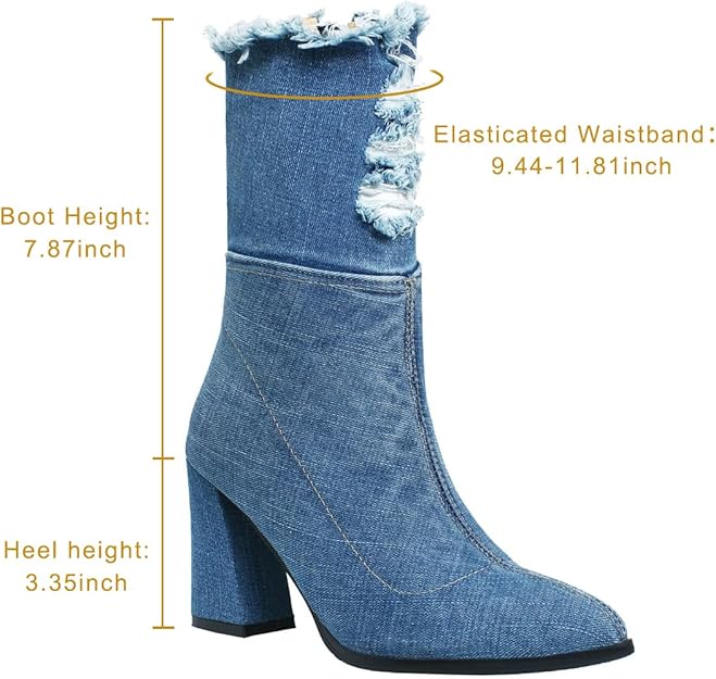 NEW! Denim Ankle Boots for Women Pointed Toe Chunky High Heel with Side Zipper - BigGreenBear.com boots 72.45 USD Big Green Bear