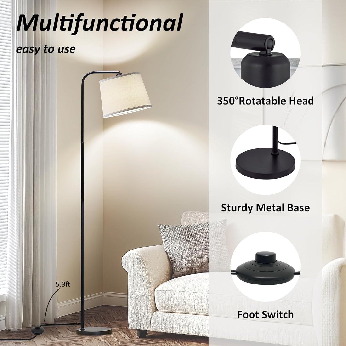 Floor Lamp for Living Room with 3 Color Temperatures, Foot Switch