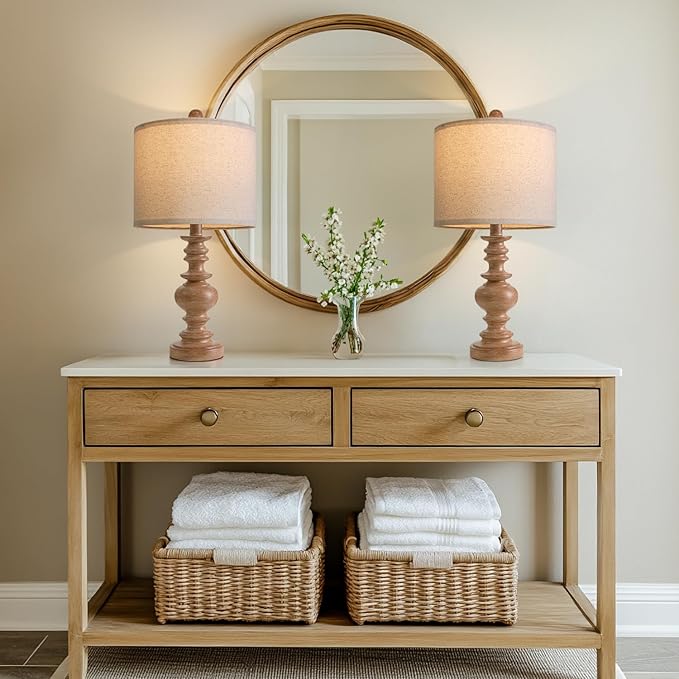 Set of 2- Vintage Resin Table Lamps for Nightstands with Linen Shades 20" High - BigGreenBear.com Lighting 69.99 USD Big Green Bear