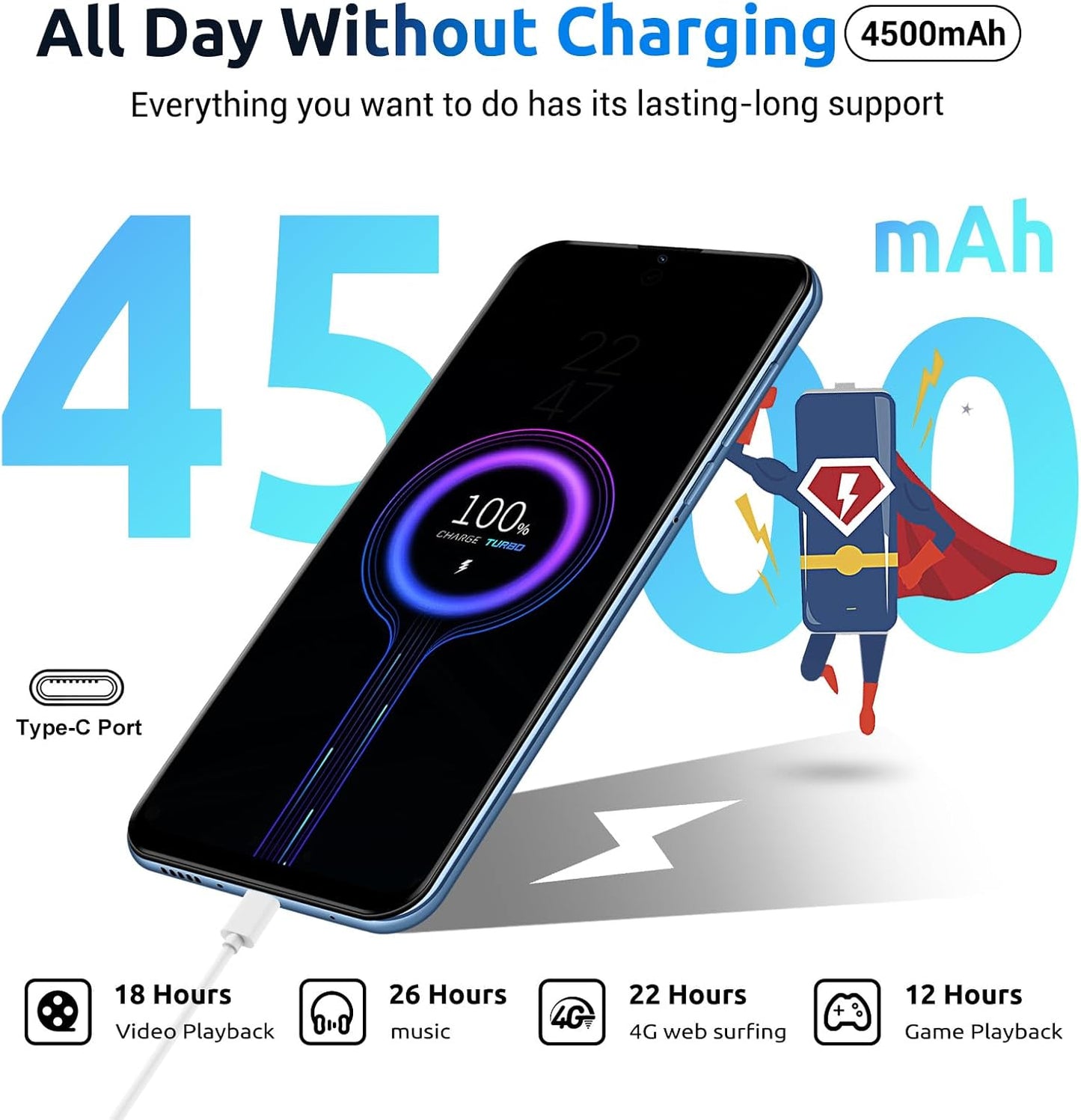 Xgody Unlocked Cell Phones V50, 4GB+64GB ROM, 6.52'' HD Incell Screen Smartphone
