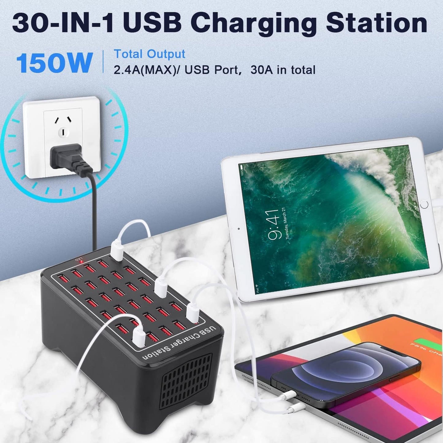 USB Charger, Cinlinso 30 Port 150W(30A) USB Charging Station Multi Port USB Hub Charger