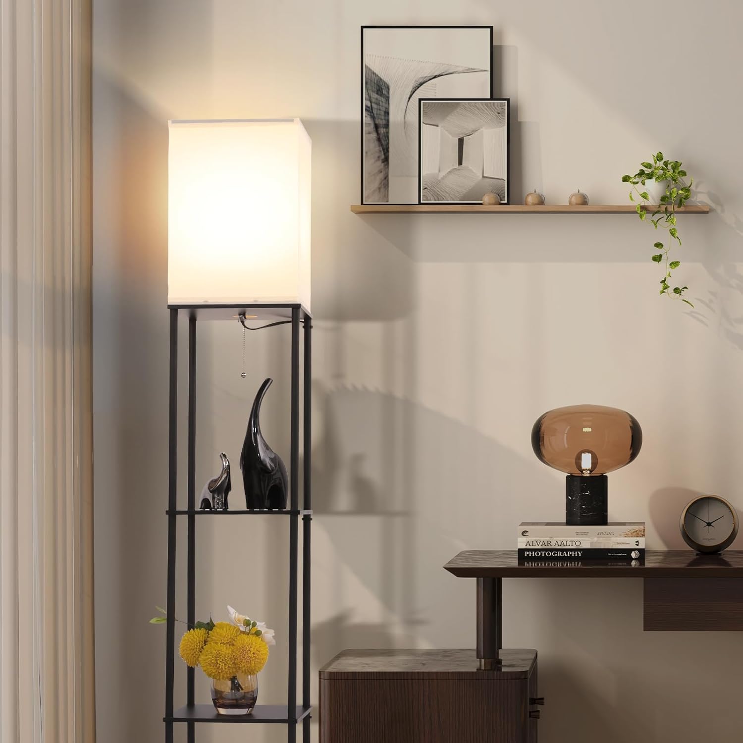 Floor Lamp with Shelves, Modern Square Standing Lamp with 3 Color Temperature Bulb -  BigGreenBear.com Lighting 39.99 USD Big Green Bear