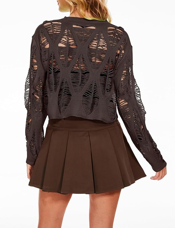 Women's See Through Hole Ripped Crop Tops Knit Pullover Short Sweaters