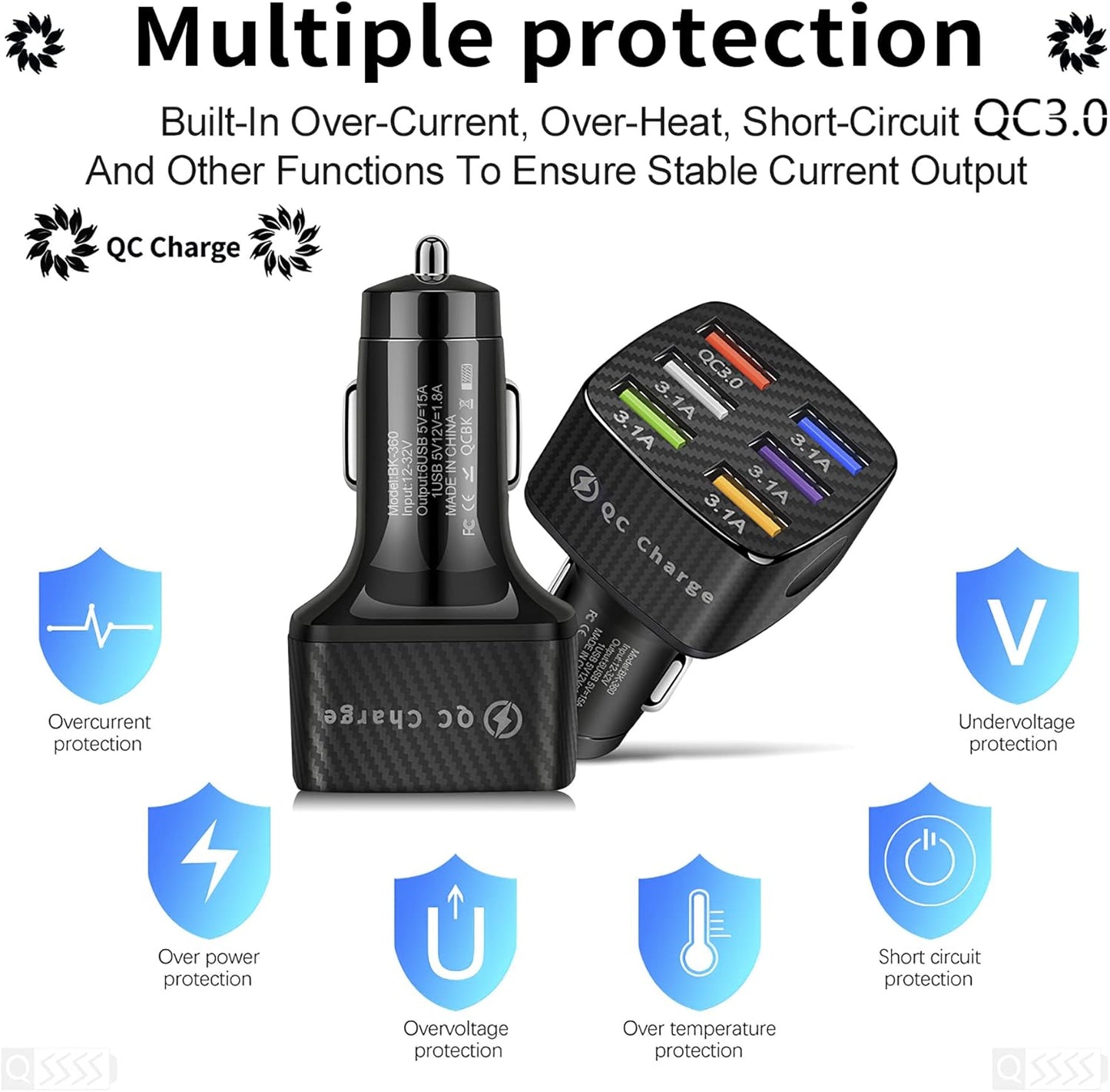 Car Charger Adapter, 6 USB Multi Port, Fast Charger, Include QC 3.0 and 5 Other Ports -  BigGreenBear.com cell phone 8.99 USD Big Green Bear