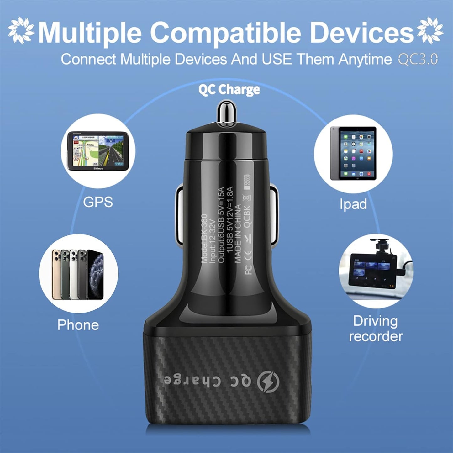 Car Charger Adapter, 6 USB Multi Port, Fast Charger, Include QC 3.0 and 5 Other Ports -  BigGreenBear.com cell phone 8.99 USD Big Green Bear
