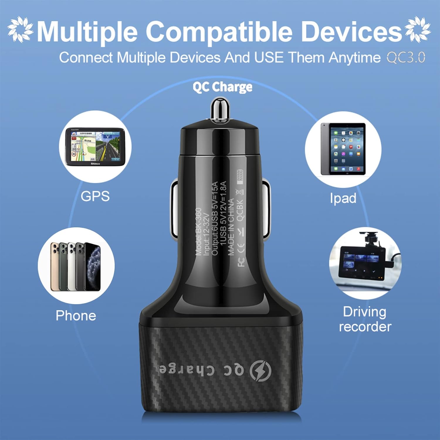 Car Charger Adapter, 6 USB Multi Port, Fast Charger, Include QC 3.0 and 5 Other Ports -  BigGreenBear.com cell phone 8.99 USD Big Green Bear