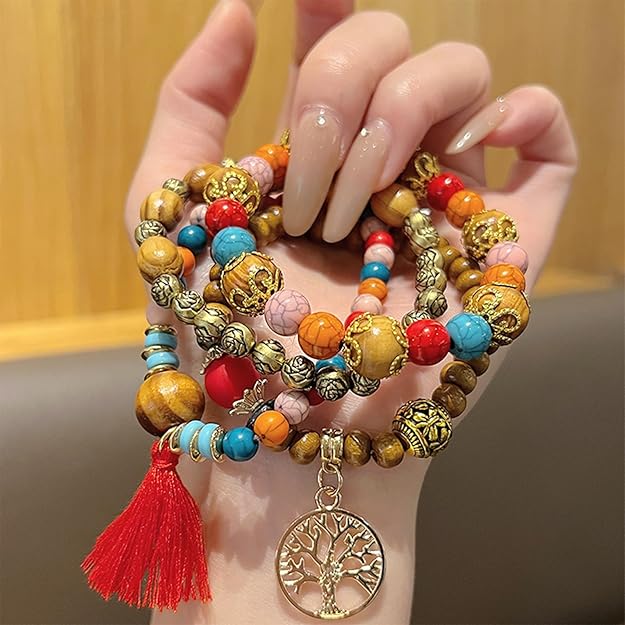 Handmade Bohemian Beaded Stretch Bracelet Set, Boho Crystal Jewelry