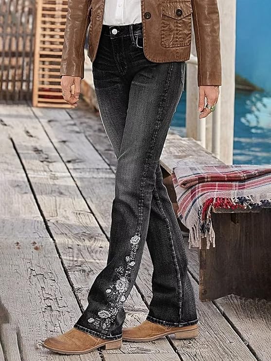Women's Floral Embroidery Mid Waist High Stretch Bootcut Jeans with Pockets - BigGreenBear.com clothing 63.99 USD Big Green Bear