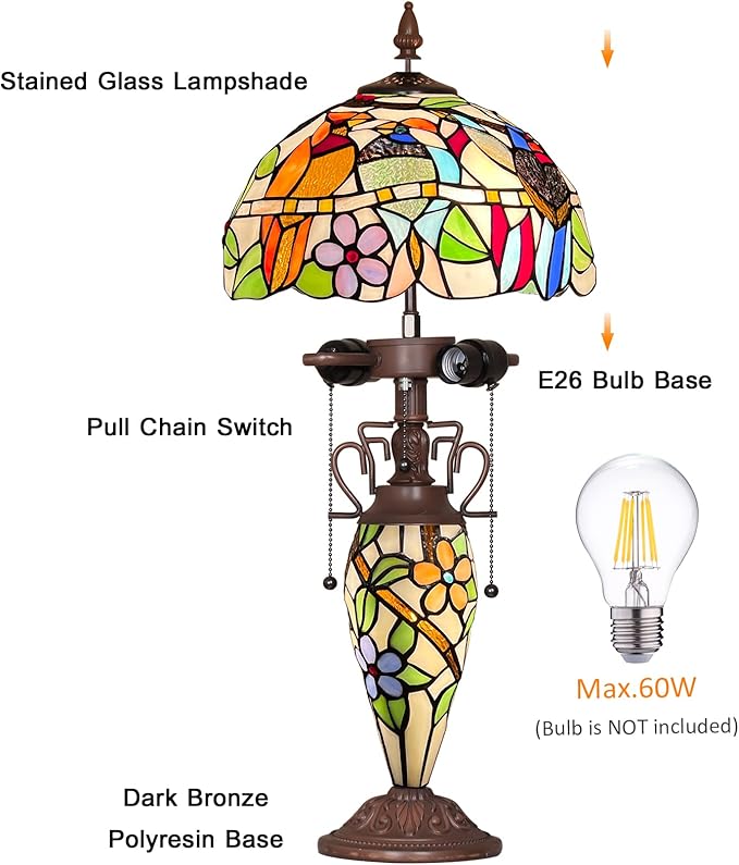 Tiffany Lamp Handcrafted Stained Glass Table Lamp 3-Light Cardinal Birds 23" - BigGreenBear.com Lighting 189.89