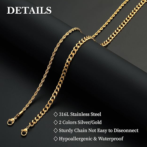 2Pcs Gold Plated Cuban Link/Rope/Herringbone Chains Cuban/Rope Chain Set - BigGreenBear.com jewelry 19.99 USD Big Green Bear