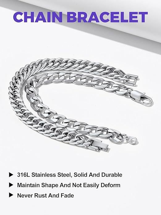 2PCS Stainless Steel Silver Cuban Rope Link Chain Bracelets for Men - BigGreenBear.com jewelry 29.99 USD Big Green Bear