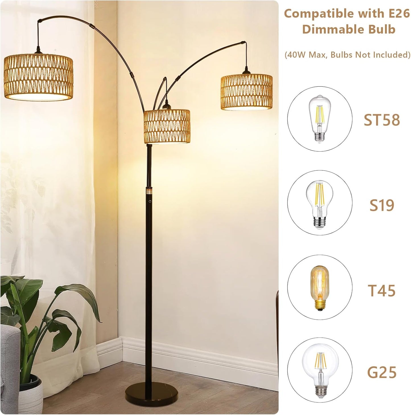 Black Arc Floor Lamps - Dimmable Tall Lamp with Rattan Shades 80" High - BigGreenBear.com Lighting 179.89 USD Big Green Bear