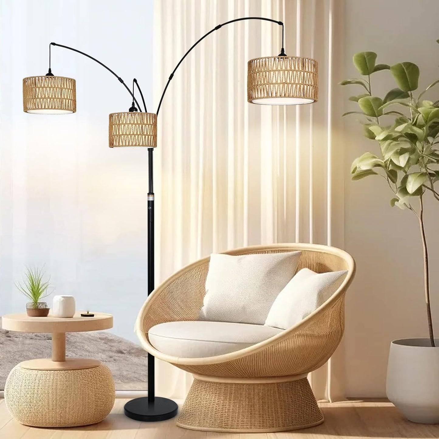 Black Arc Floor Lamps - Dimmable Tall Lamp with Rattan Shades 80" High - BigGreenBear.com Lighting 179.89 USD Big Green Bear