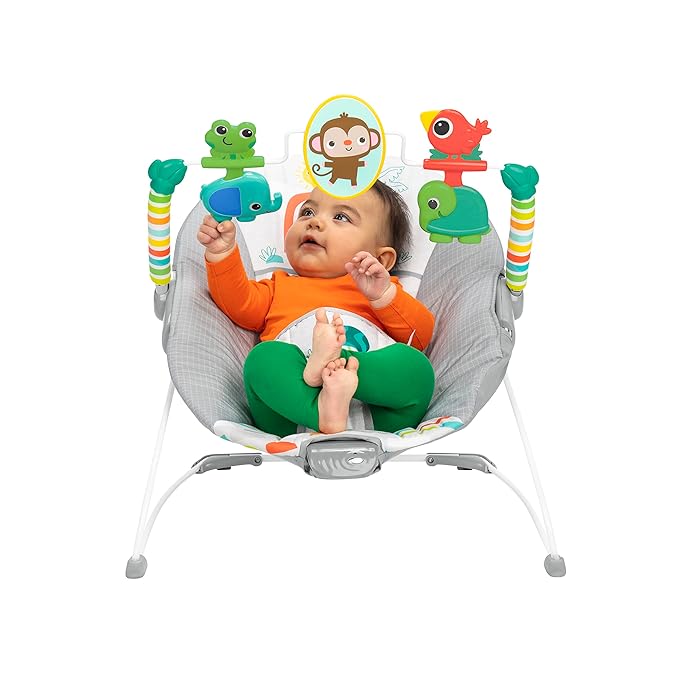Cute Playful Paradise Comfy Baby Bouncer Seat with Soothing Vibration and Toys