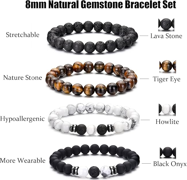 4 Piece Tiger Eye Bracelet For Men 8MM Natural Stone Stretch Adjustable - BigGreenBear.com jewelry 18.99 USD Big Green Bear