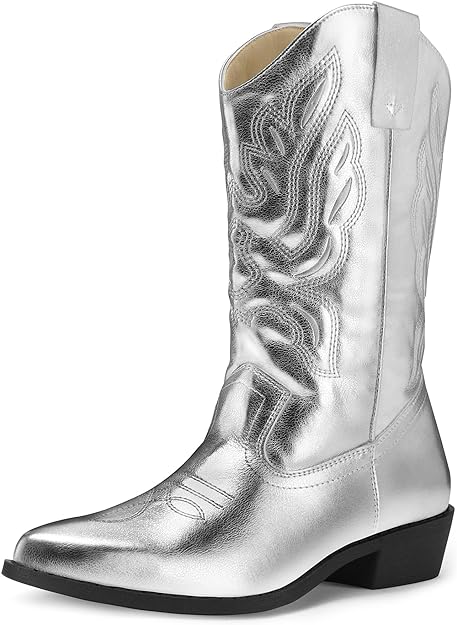 Women's Western Cowboy Boots Embroidered Mid-Calf Pointed Toe Cowgirl Boot-Silver - BigGreenBear.com clothing 49.99
