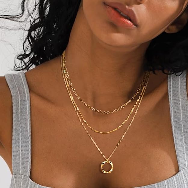 Women's Trendy Stackable 3Layered Necklaces Chain Bar Circle-Gold - BigGreenBear.com jewelry 24.30
