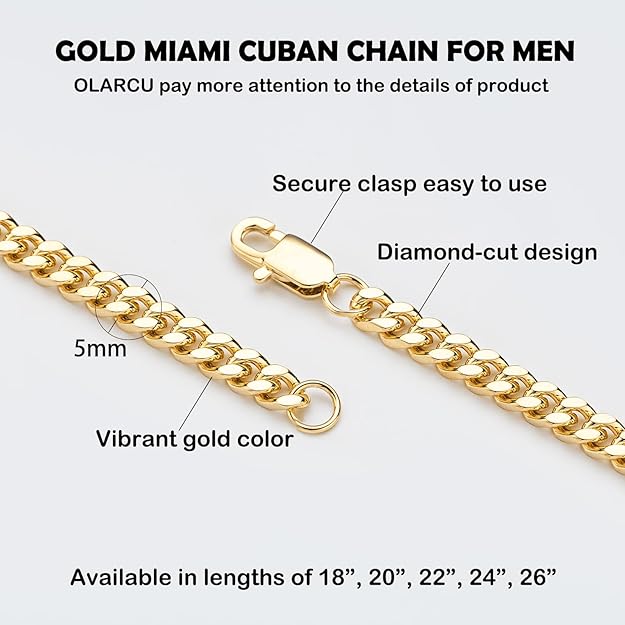 NEW! Mens 5MM Gold Plated Stainless Steel Miami Cuban Link Chain Necklace - BigGreenBear.com jewelry 18.99 USD Big Green Bear