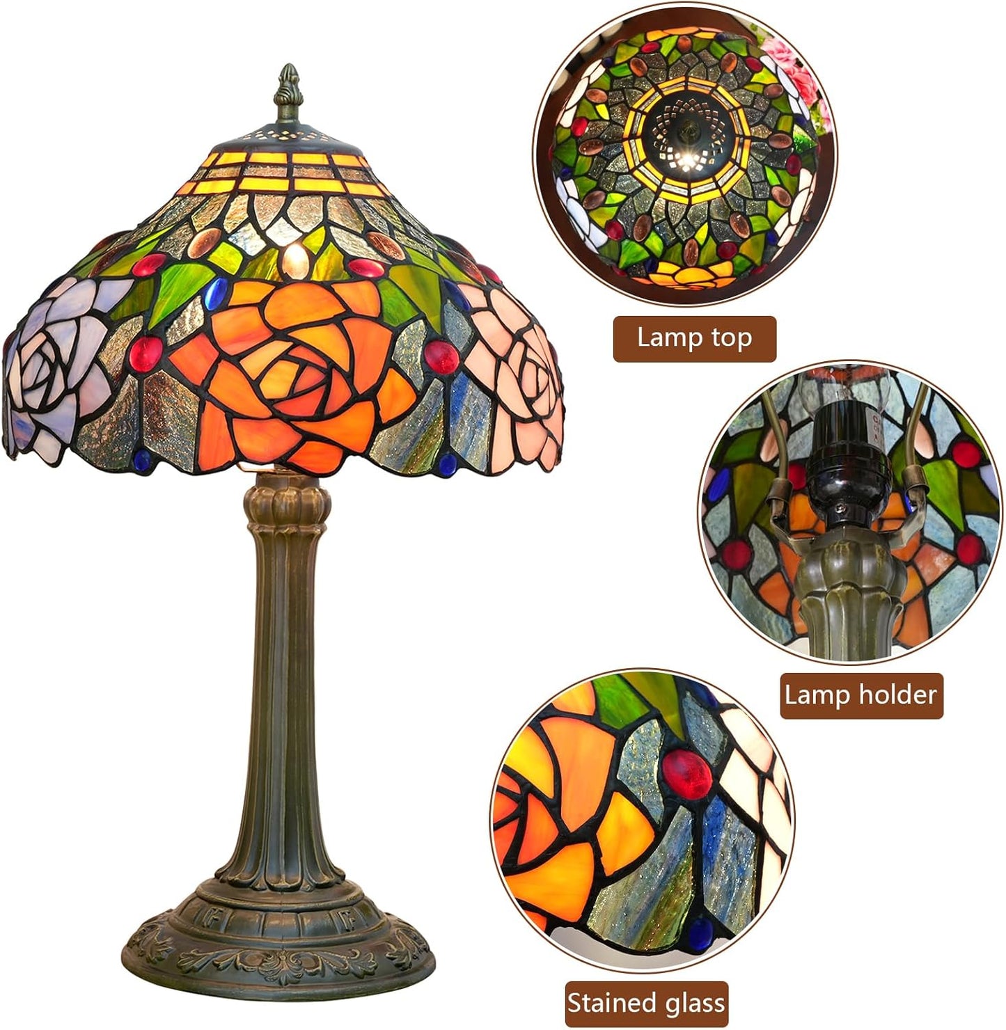 Tiffany Style Stained Glass Lamp Red Orange Purple Pink Rose Table Lamp 19"