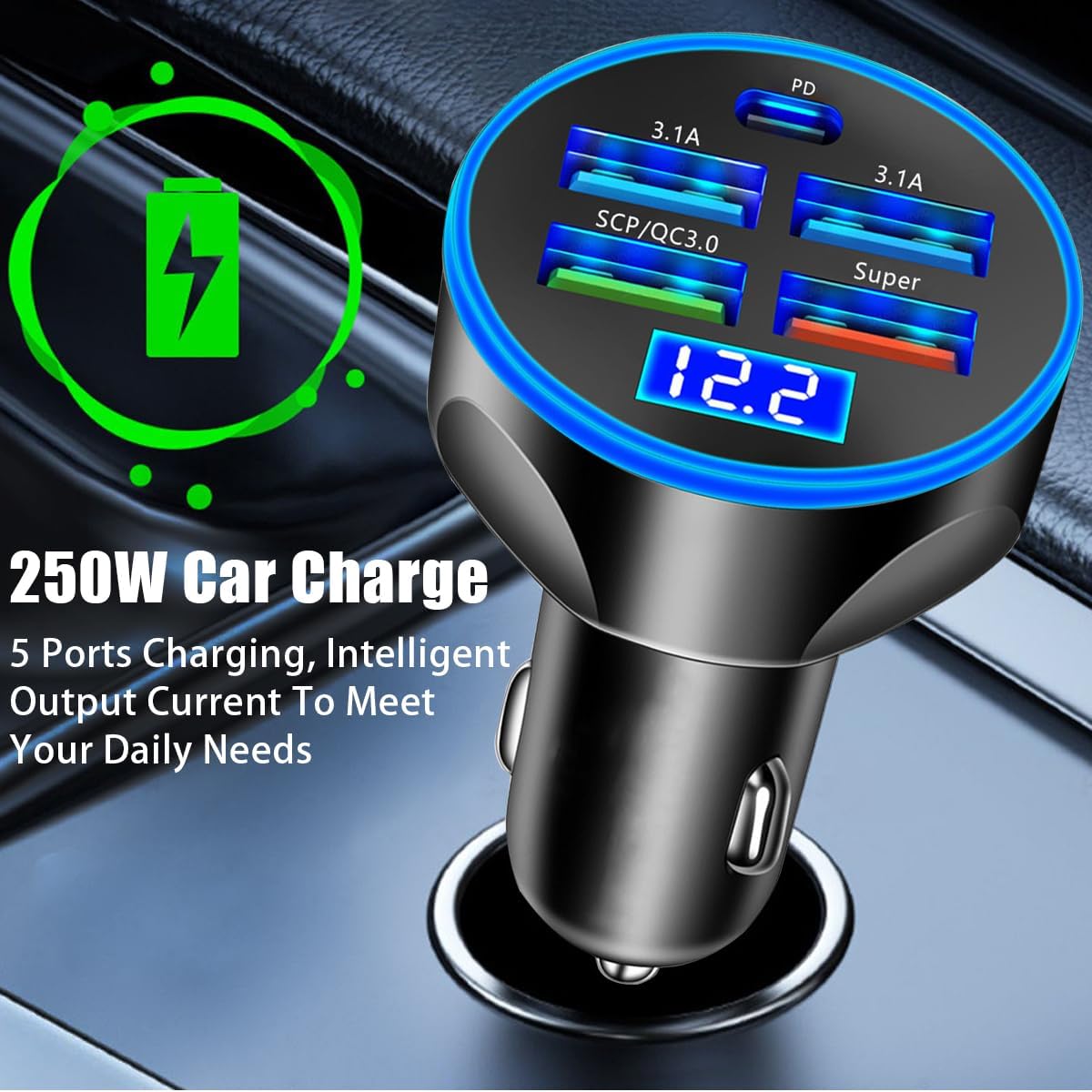 5 Port USB Car Charger, 250W Super Fast Charging Cigarette Lighter Adapter with LED Voltage Monitor - BigGreenBear.com cell phone 6.95 USD Big Green Bear