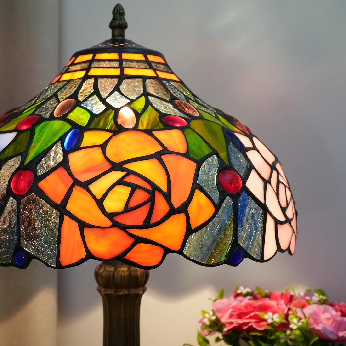 Tiffany Style Stained Glass Lamp Red Orange Purple Pink Rose Table Lamp 19"