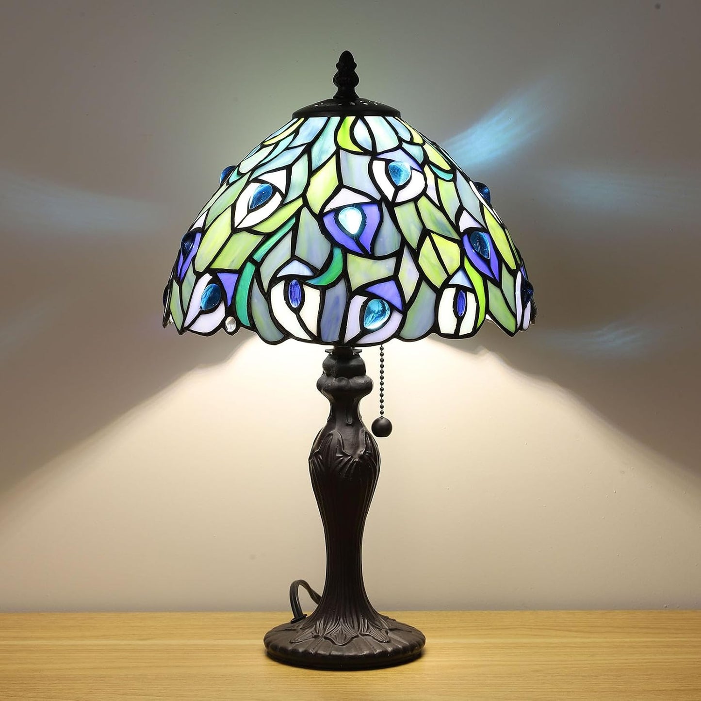 Tiffany Table Lamp Blue Phoenix Tail Handcrafted Stained Glass 17" High - BigGreenBear.com Lighting 135.00