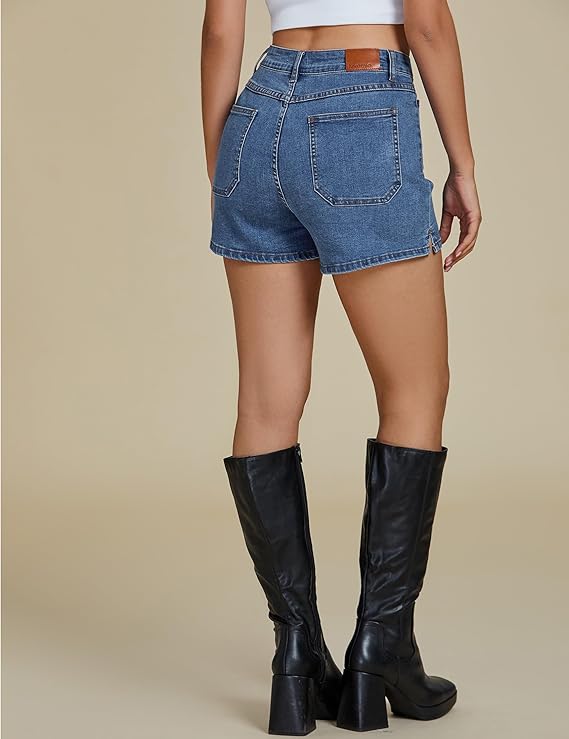 Jean Shorts Women's High Waisted Trendy Button Fly Patch Pocket Side Split