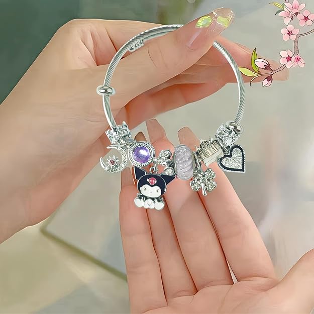 Hello Kitty Cute Charm Bracelet, Adjustable Stainless Steel Composite Bangle - BigGreenBear.com jewelry 18.99 USD Big Green Bear
