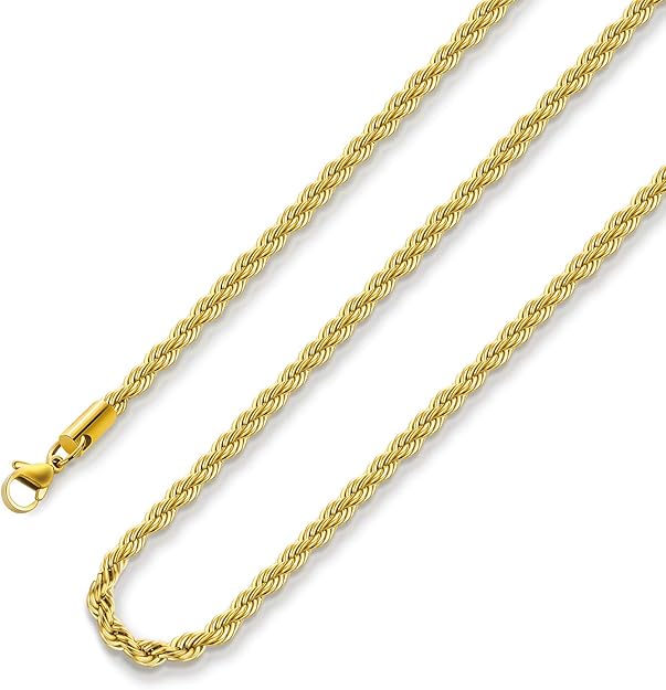 18k Real Gold Plated Rope Chain 3mm Stainless Steel Twist Chain Necklace for Men - BigGreenBear.com jewelry 18.99 USD Big Green Bear