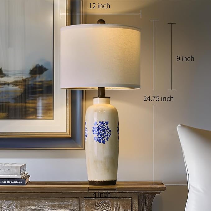 NEW! 24.75" Modern Ceramic Table Lamp for Bedroom Bedside Lamps Blue and White