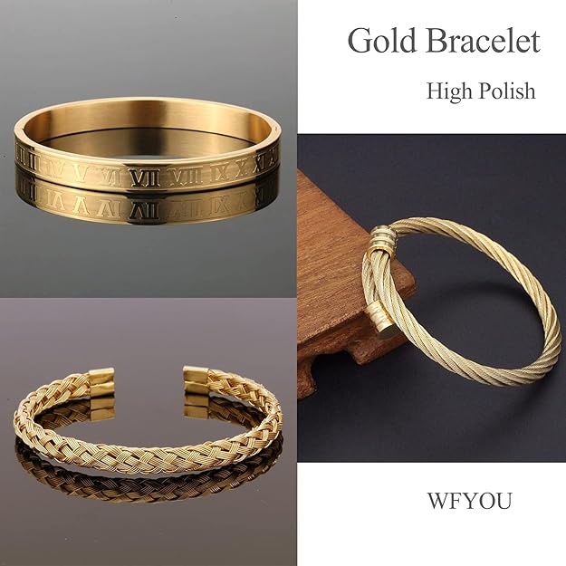 NEW! 3PCS Stainless Steel Bracelets for Men Gold Roman Numeral Bangle Bracelet - BigGreenBear.com jewelry 19.99 USD Big Green Bear