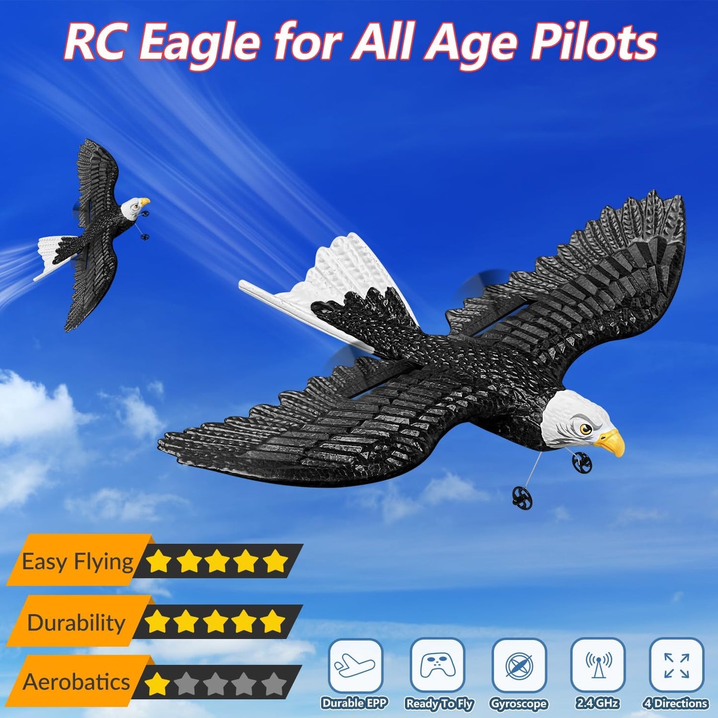 HAWK'S WORK RC Eagle, 2 CH RC Plane Ready to Fly, 2.4GHz Remote Control Airplane