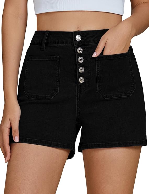 Jean Shorts Women's High Waisted Trendy Button Fly Patch Pocket Side Split