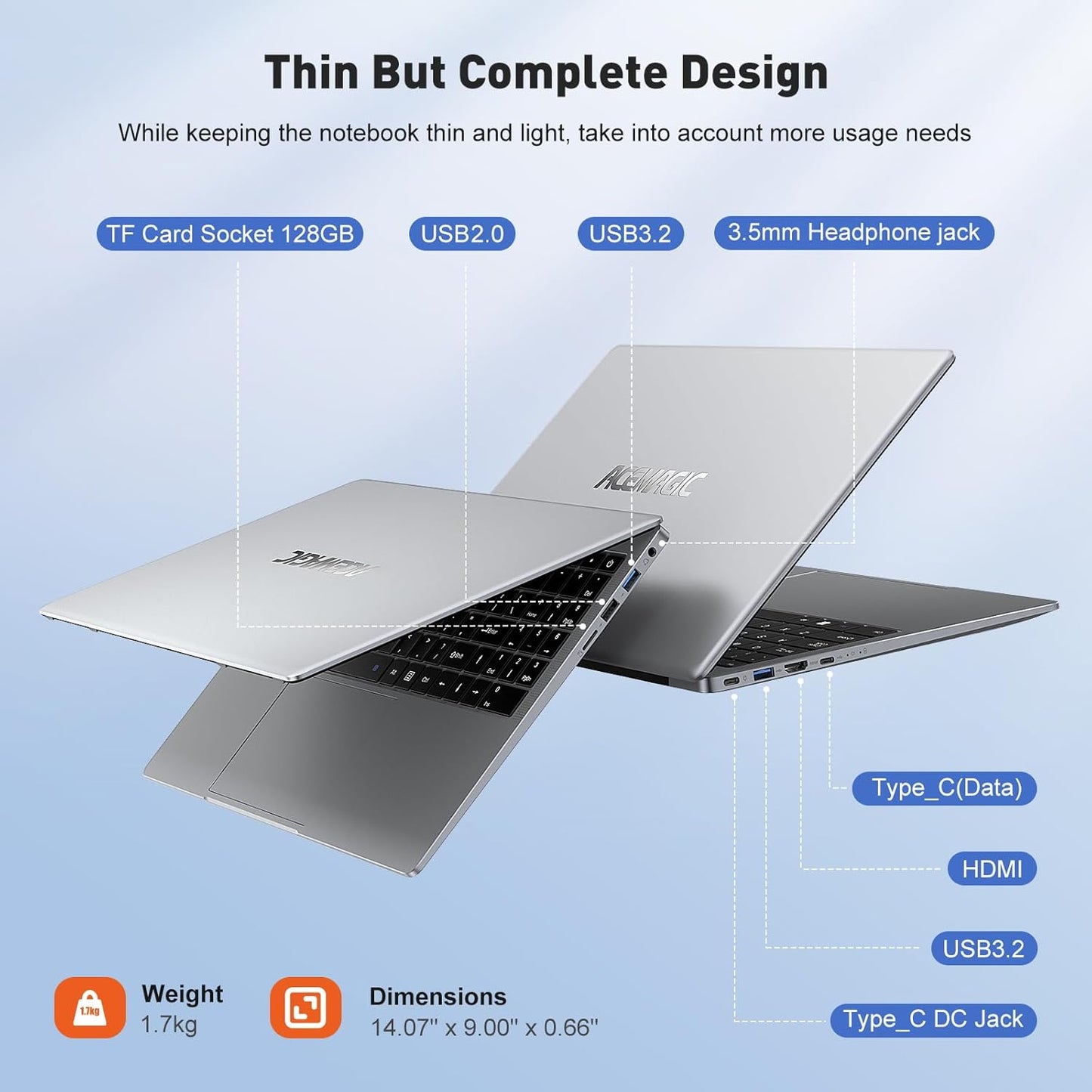 ACEMAGIC 15.6" Ultra Slim Laptop 16GB RAM 512GB SSD Intel N97 Notebook Gamer 1920*1080 Display Office Study Computer Windows 11