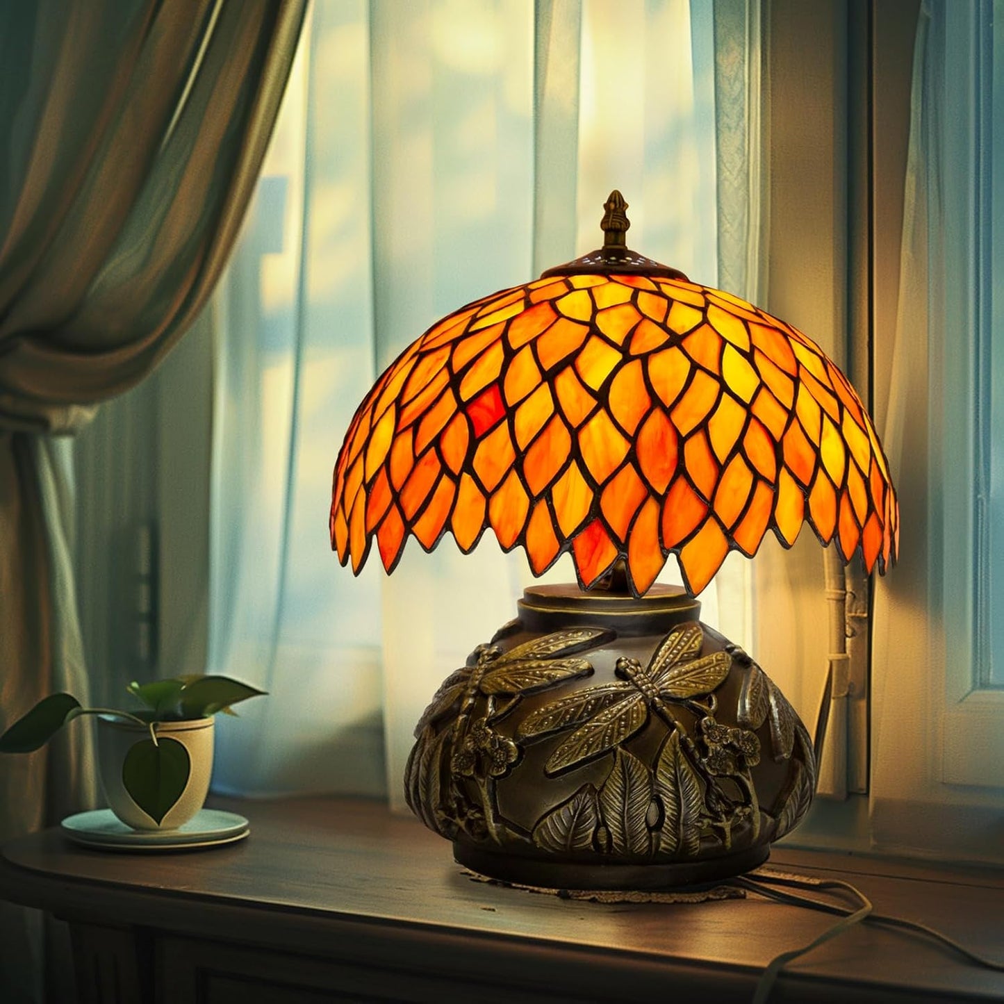 Handcrafted Tiffany Style Table Lamp Orange Wisteria, Small Stained Glass Lamp - BigGreenBear.com Lighting 169.99 USD Big Green Bear