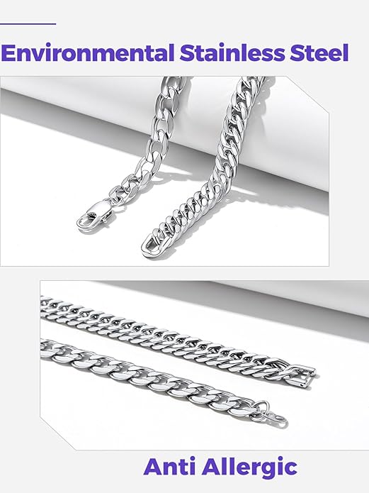 2PCS Stainless Steel Silver Cuban Rope Link Chain Bracelets for Men - BigGreenBear.com jewelry 29.99 USD Big Green Bear