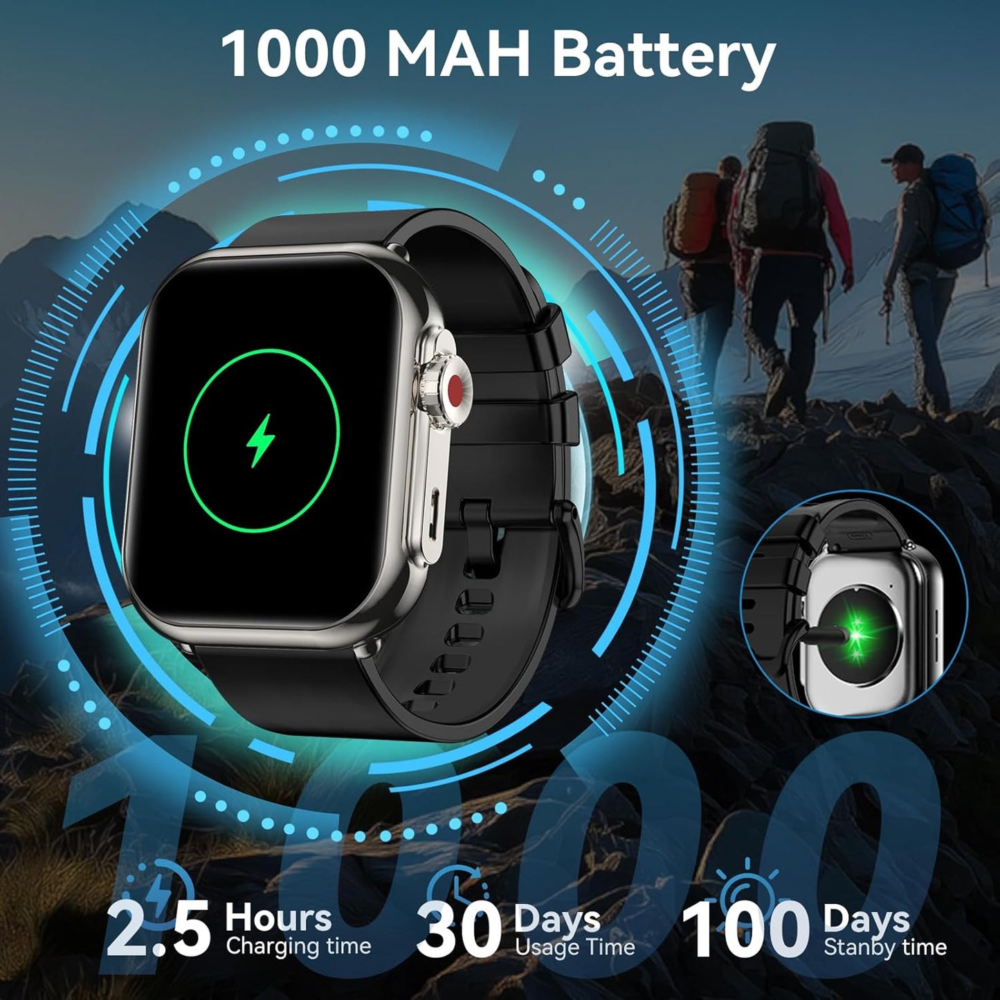 Smart Watch for Men Women, 1000 mAh 100 Day Battery Life for iOS/Android - BigGreenBear.com SMART WATCH 49.99