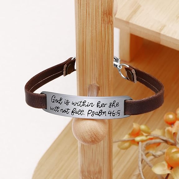 Leather Bracelet for Women Christian God is within her, she will not fail-Brown
