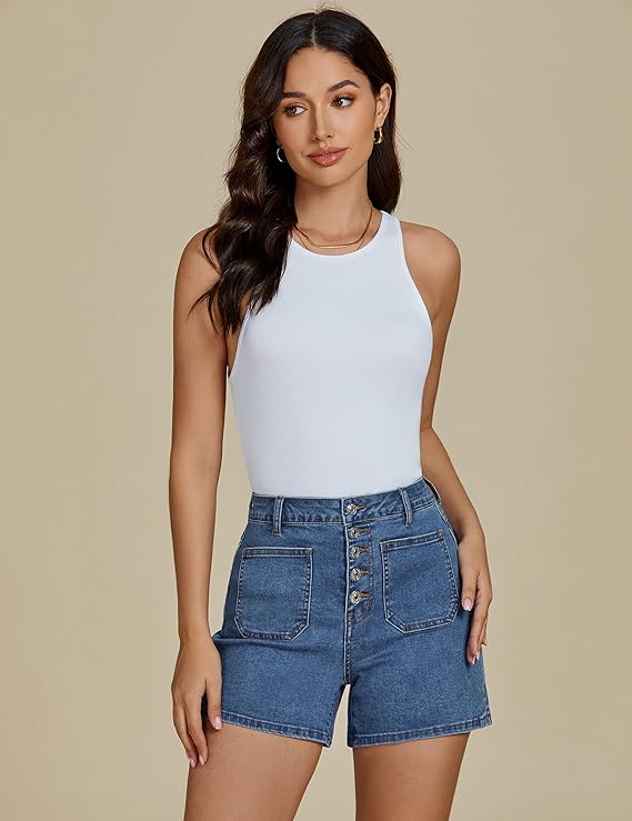 Jean Shorts Women's High Waisted Trendy Button Fly Patch Pocket Side Split