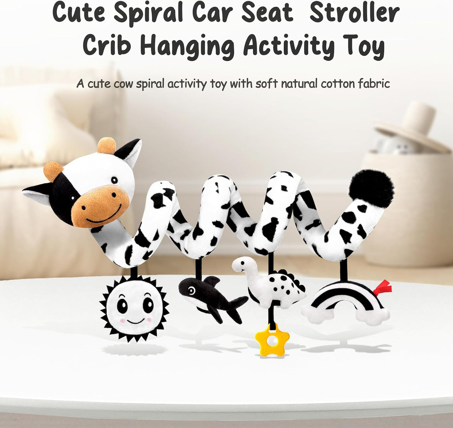 NEW! Spiral Car Seat Baby Toys 0-6 Months Cute Black and White Cow